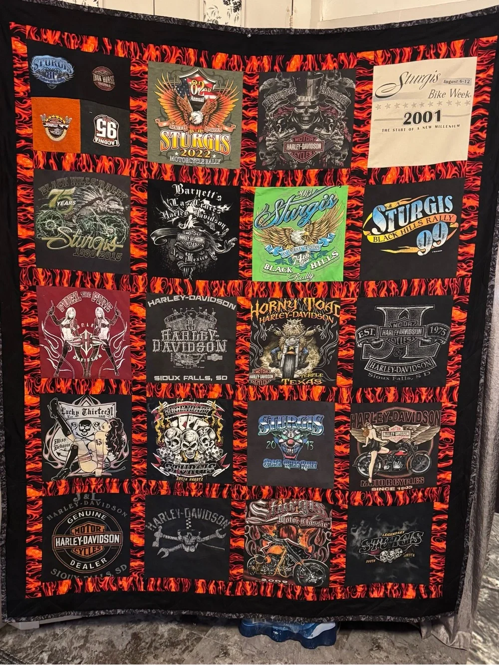Harley-Davidson Black Quilt with Orange Flame Sashing